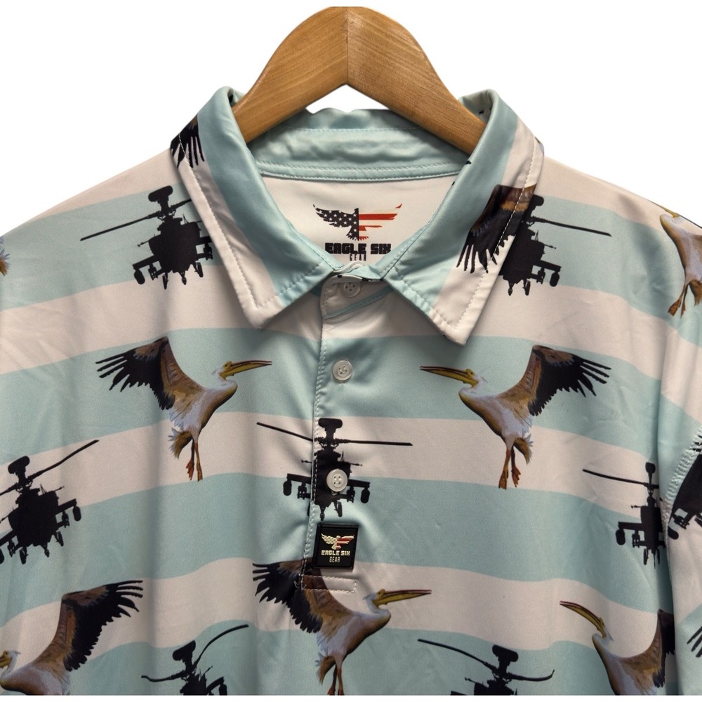 Eagle Six Gear Mens Size XL Blue Striped Pelicans & Helicopters Performance Polo